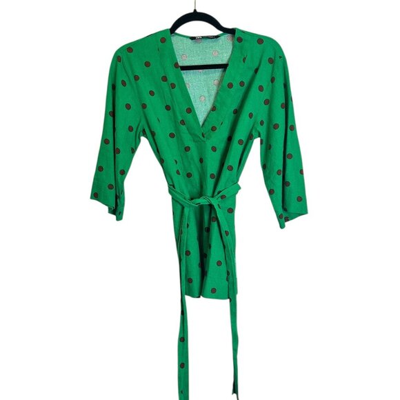 Zara Kelly Green Polkadot Linen Blend Top Sz XS Tunic Belted 3/4 Sleeve V Neck - Picture 6 of 8